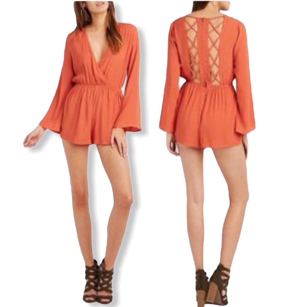 NWT Charlotte Russe Lattice Bell Sleeve Romper S